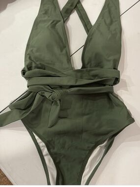 Olive Green One-Piece Wrap Swimsuit